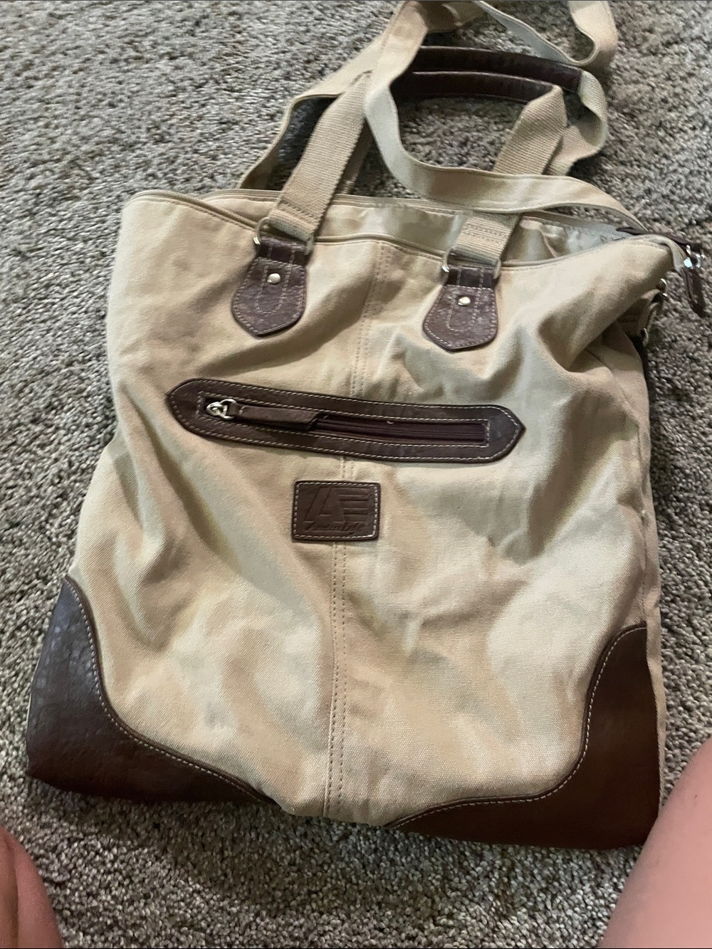 Canvas and Leather Tote Bag for Men - Beige with Brown Trim